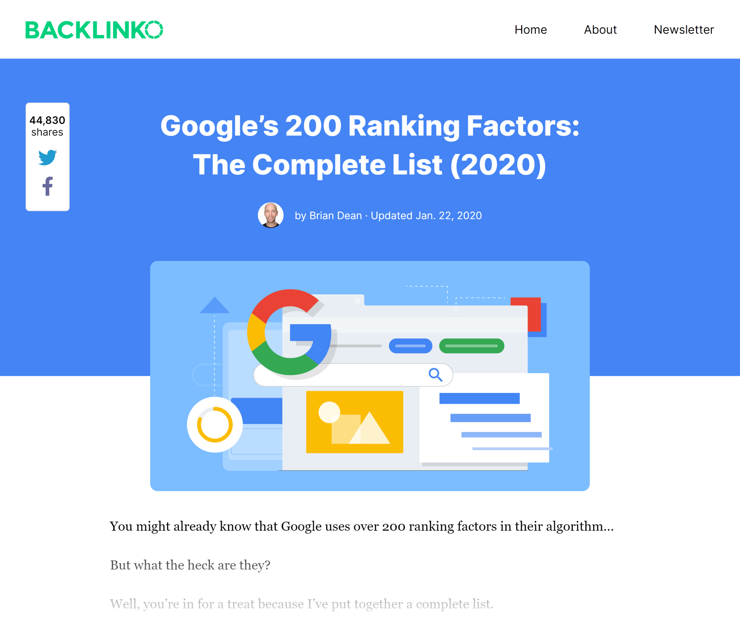 Backlinko – postagem de fatores de classificação do Google