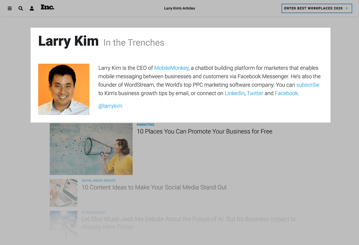 Larry Kim postando como convidado na Inc.